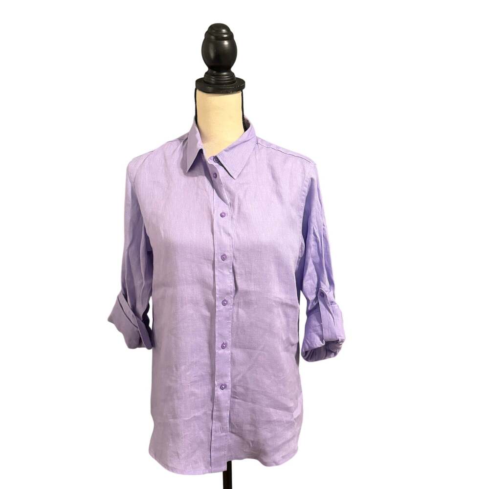 Lauren Ralph Lauren Purple 100% Linen Button Down Top Sz M Classic Minimalist